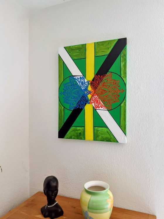 Image 1 of Enzo San Marco - Essentiële kleuren op een groene achtergrond - Schilderij van de kunstenaar