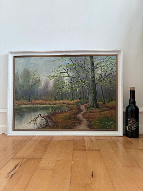 Image 1 of Vintage original forest landscape oil painting, circa 1960s