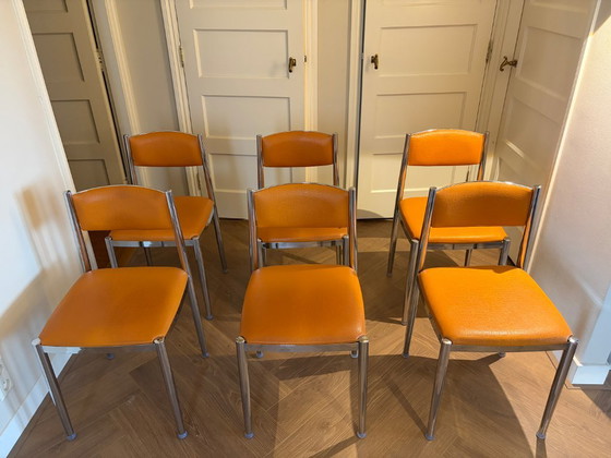 Set of six dining chairs, orange with chrome, Metal, Skai, Vintage (photo 5 of 7)