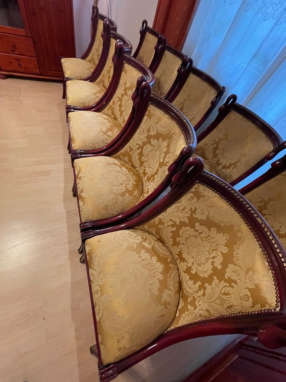 Set di 12 Sedie da Pranzo Stile Impero – Intagli a Collo di Cigno – Textile, Wood (photo 11 of 12)