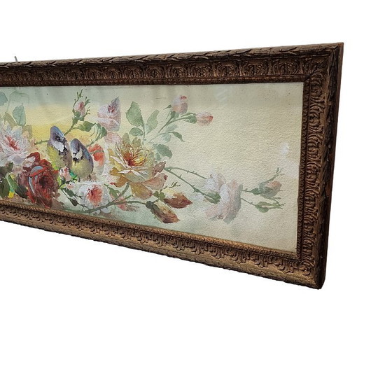 Image 1 of French watercolor with flowers and birds, Gaston B, first half of the 1900s