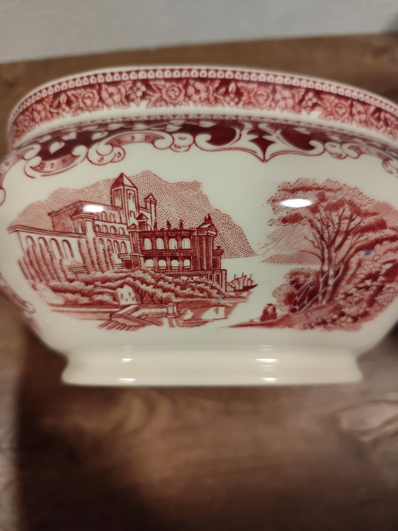 Image 1 of Antieke soepterrine, Old England, Cambridge Royal Swan / Engeland – Rood en wit – Vintage servies