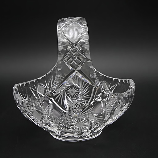 Panier en cristal de Bohême taillé à la main, République tchèque, orné d'étoiles tourbillonnantes gravées