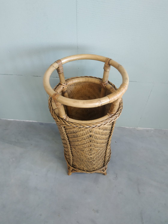 Image 1 of Porte-parapluie vintage en bambou et rotin Porte-plante