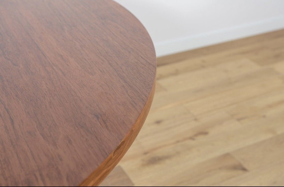 Magnifique table de salle à manger design vintage danoise – Jatoba & aluminium – années 70 – Ø130 cm (photo 5 of 9)