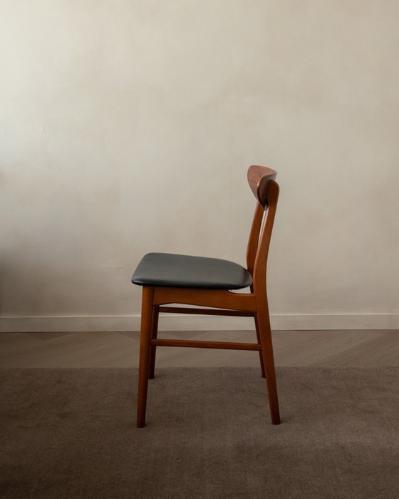 Image 1 of Vintage Danish Dining Chairs, Teak Backrest and Beech Frame, Newly Upholstered Black Skai Seats, 1960s