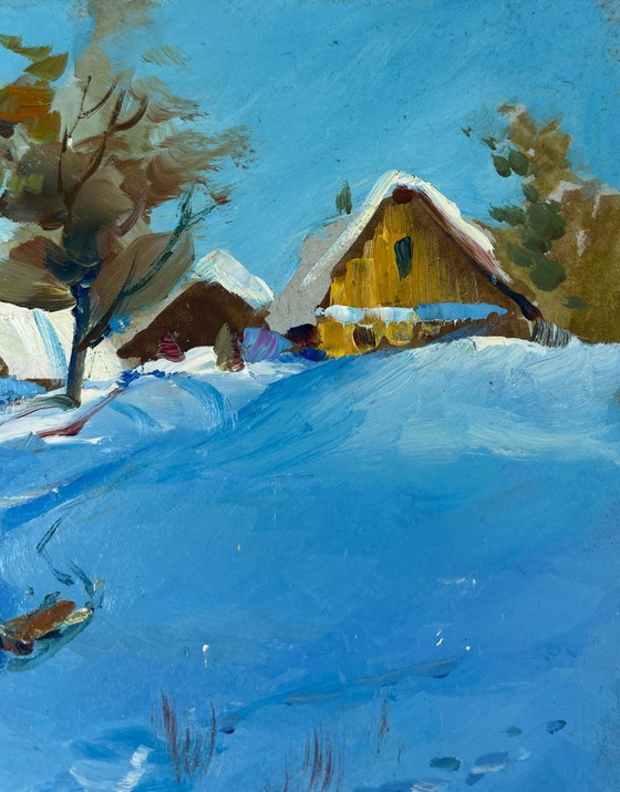 Image 1 of Peinture à l'huile originale Paysage de village enneigé Conte du soir d'hiver