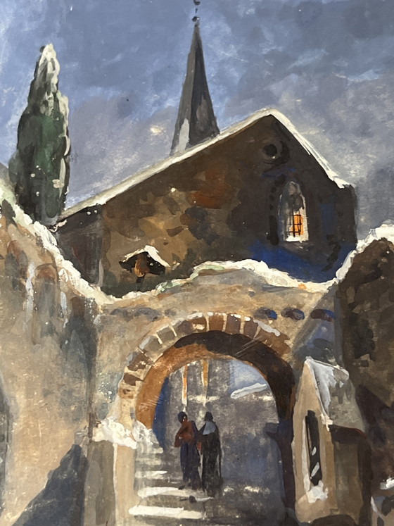 Image 1 of Peinture d'hiver antique originale de Heinrich Recker (1927) – « Alken an der Mosel » avec dédicace