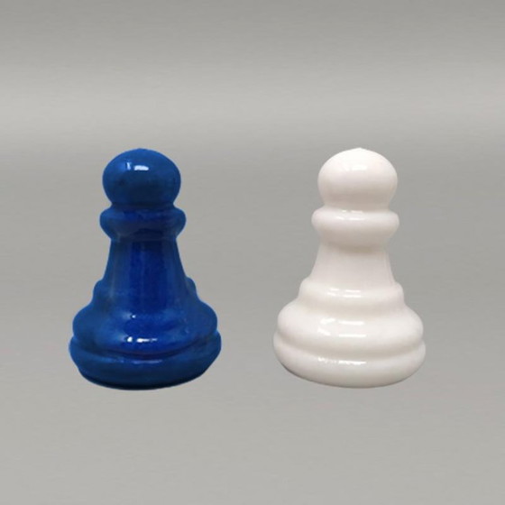 Image 1 of 1970s Gorgeous Sky Blue and White Chess Set in Volterra Alabaster Handmade. Made in Italy
