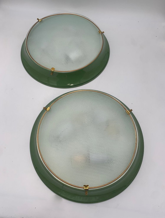 Image 1 of Paar plafondlampen - wandlampen - toegeschreven aan Fontana Arte vintage Italië groen