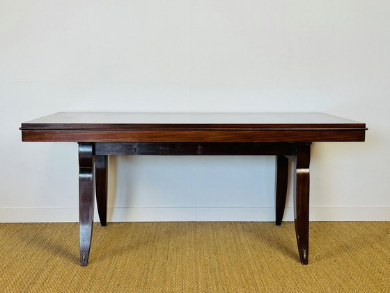 Image 1 of Art-Deco-Esstisch aus Nussbaum mit Rautenintarsien, 1940