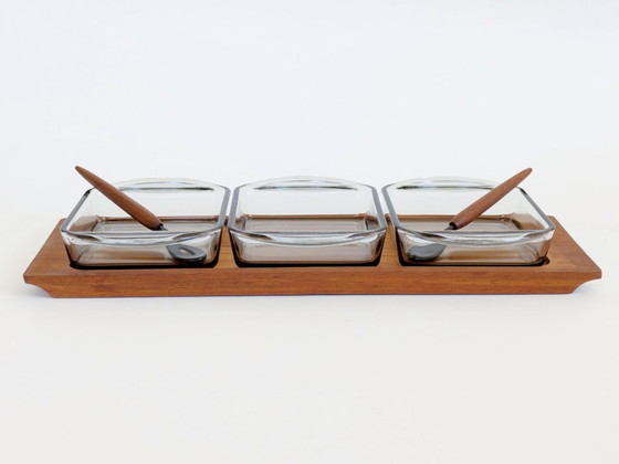 Image 1 of Danish Teak Serving Set, 3 Smoked Glass Bowls Original Spoon and Fork, Midcentury Kabaret Tray