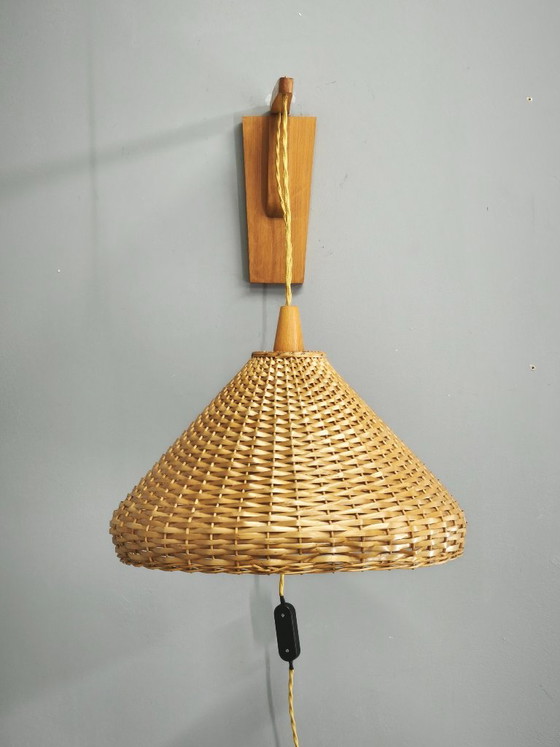 Czechoslovak Rattan and Wood Swing Arm Wall Lamp, 1960s, Wall lights, Brown (photo 11 of 12)