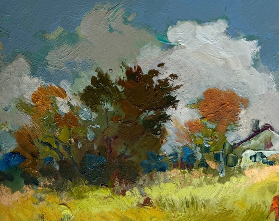 Image 1 of Original Oil Painting Summer Village Landscape A couple walking through a field