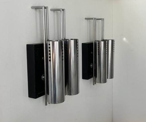 Pair of vintage wall lights, chrome-plated metal and blackened oak, France, 1970