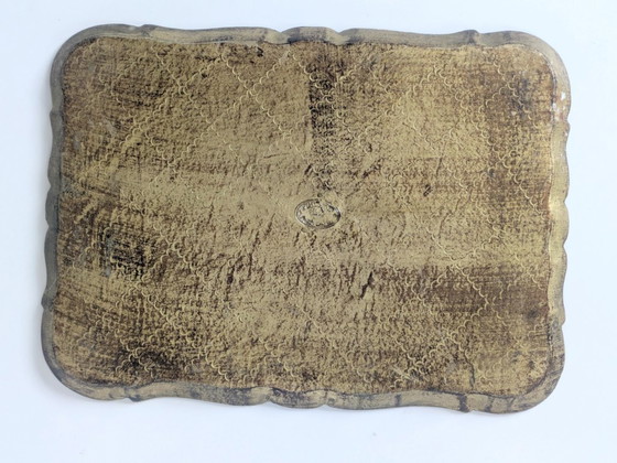 Image 1 of Vintage Florentine Gilt Wood Tray | Hand-Painted Orange & Gold | Midcentury Italian Baroque Decor