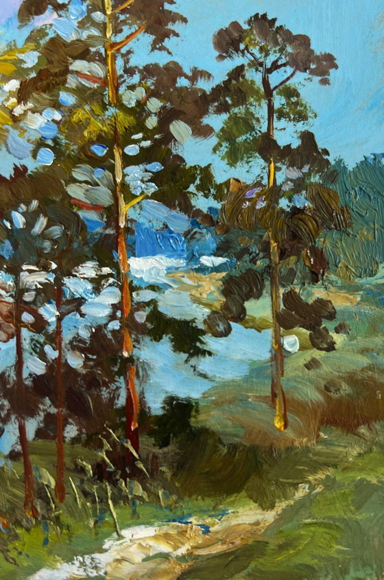 Image 1 of Original Oil Painting Summer River Landscape Warm summer day by the river