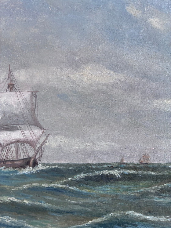 Image 1 of Peinture à l'huile originale vintage représentant une marine, signée, paysage côtier