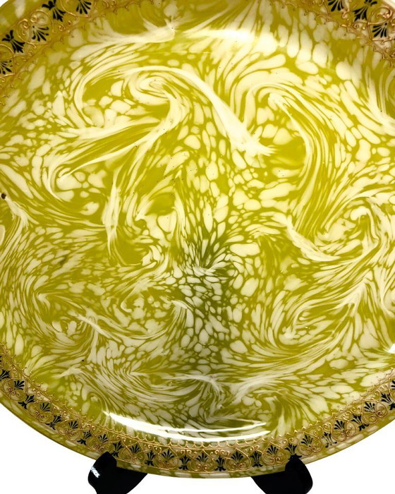 Image 1 of Hand Blown Art Glass Plate Yellow White Swirl Gold Rim Murano Style Vintage