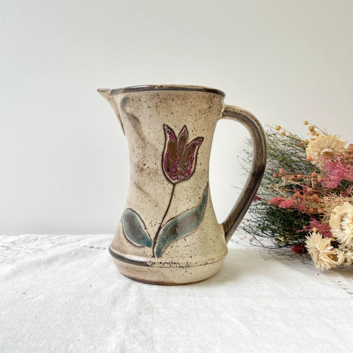 Jarra de cerámica con estampado floral Les Grottes Dieulefit de los años 70