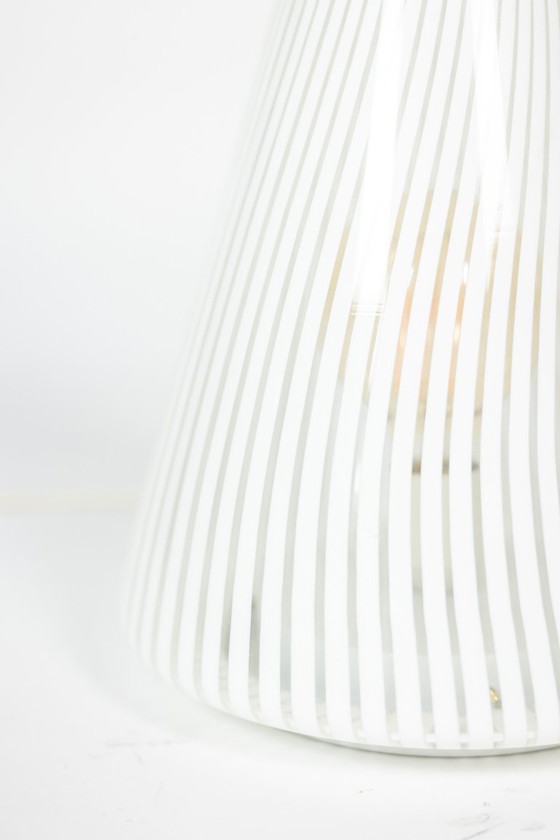 Image 1 of Conical Murano glass lamp with white striped pattern.  From the '70s.