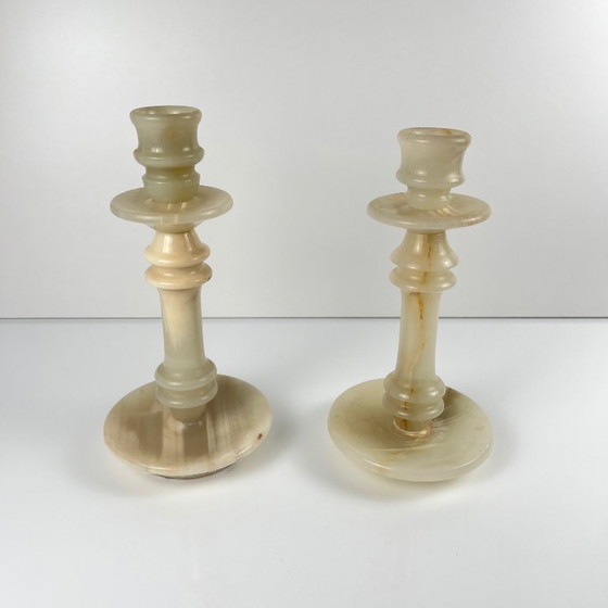 Image 1 of Pair of alabaster candlesticks, 20th century