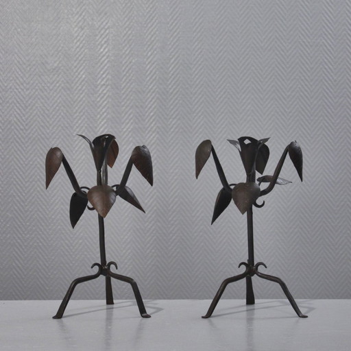 Pair of Wrought Iron Candleholders Vintage Brutalist Design Mid 20th Century