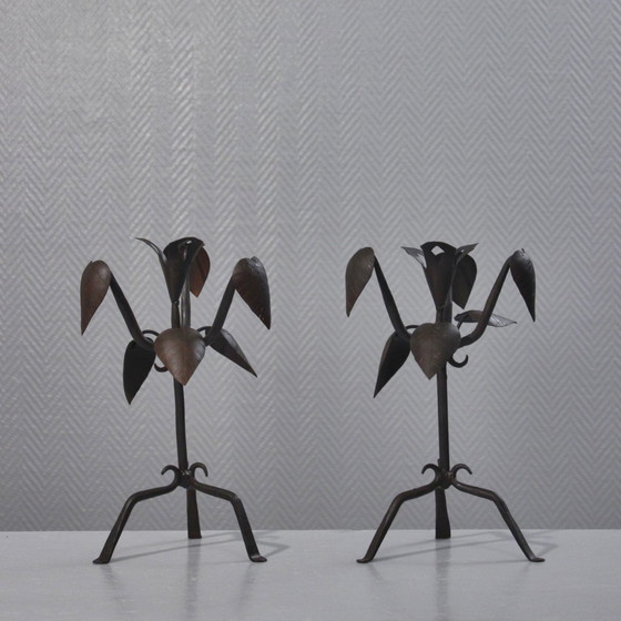 Image 1 of Paire de Bougeoirs Fer Forgé Vintage Design Brutaliste Mi XXème