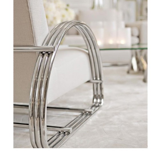 2 fauteuils Basque Eichholtz - Style Moderniste ( Panama Natural /  Chromé, Textile, Chrome, Beige (photo 2 sur 5)