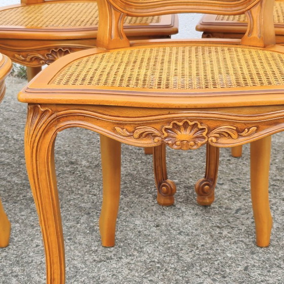 Set Of 5 French Vintage Cane Dining Chairs - 5 Big Cherry Wood Cottage Chairs - Style Louis XV - 80s (photo 16 of 19)