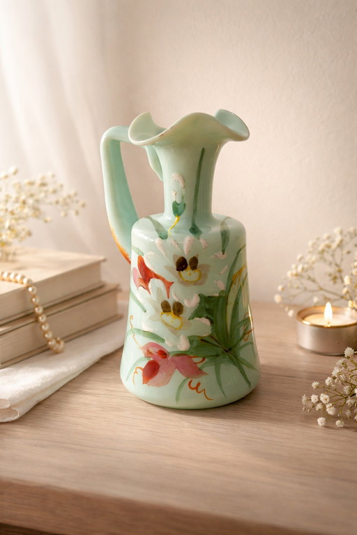 Rare small Legras pitcher in Art Nouveau uranium glass with beaded enamel, 13 cm tall.