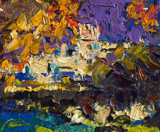 Image 1 of Original Oil Painting Autumn Park Landscape City autumn park