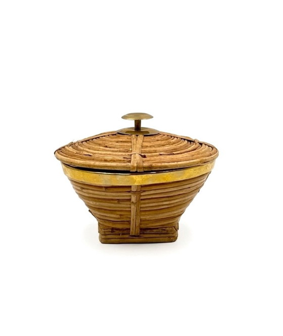 Mid-century set of 3 brass and wicker bowls, Italy ca. 1970, Decorative Objects, Rattan, Brown, Vintage (photo 7 of 10)