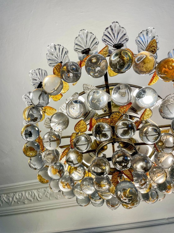 Image 1 of 1960s Murano Glass Chandelier, Orange & Clear Glass Leaves, Solid Brass Spanish Vintage Ceiling Light