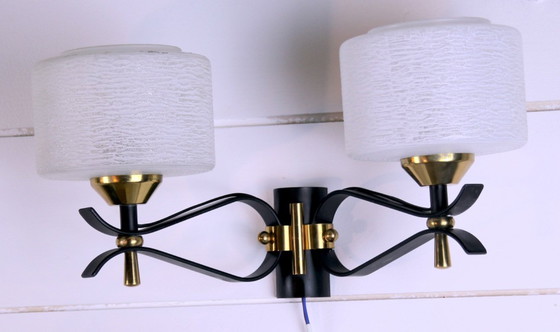 Image 1 of Pair of double wall sconces, Maison Arlus, Mid-Century, black brass opaline glass, France, 1950s