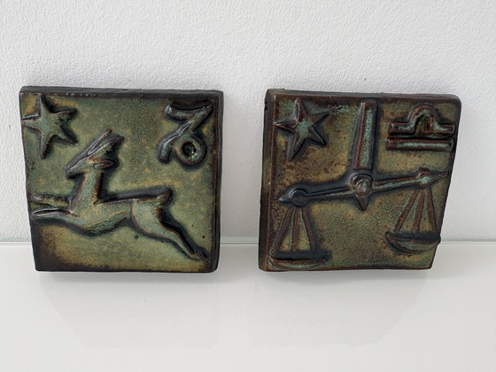Image 1 of Two vintage 1960s/early 70s wall tiles with zodiac signs