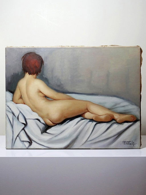Grand nu huile sur toile Fortuné Pirazzini - Femme se reposant - XXe