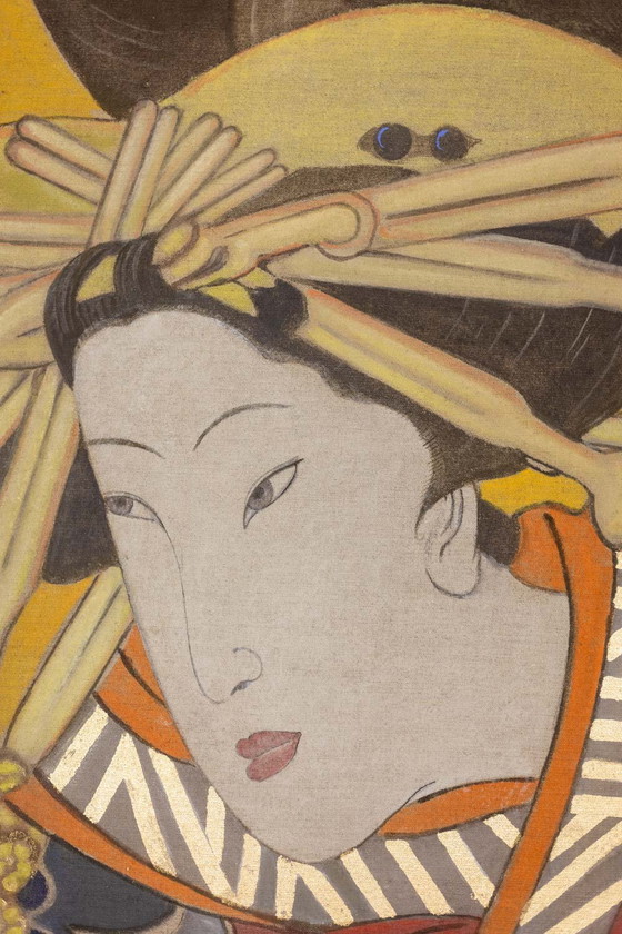 Image 1 of Toile Peinte Représentant Une Japonaise. Travail Contemporain.