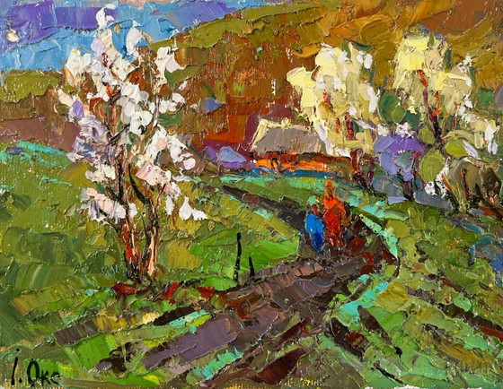 Image 1 of Original Oil Painting Summer Field Landscape Path to the village