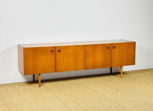 Scandinavian teak sideboard with 4 doors and tapered legs, 1960