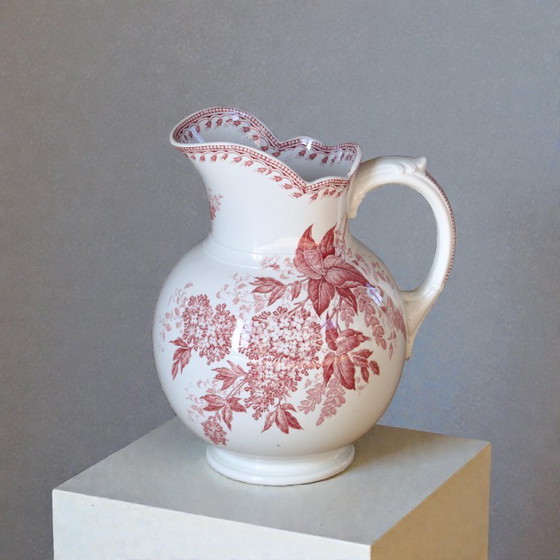 Image 1 of Large 19th-century Dutch ironstone jug signed Maestricht, "Spring" collection