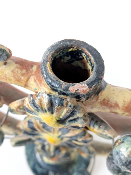 Image 1 of Vintage Mexican Tree of Life Ceramic Candleholder, 1970s Folk Art Candelabra with Birds & Flowers