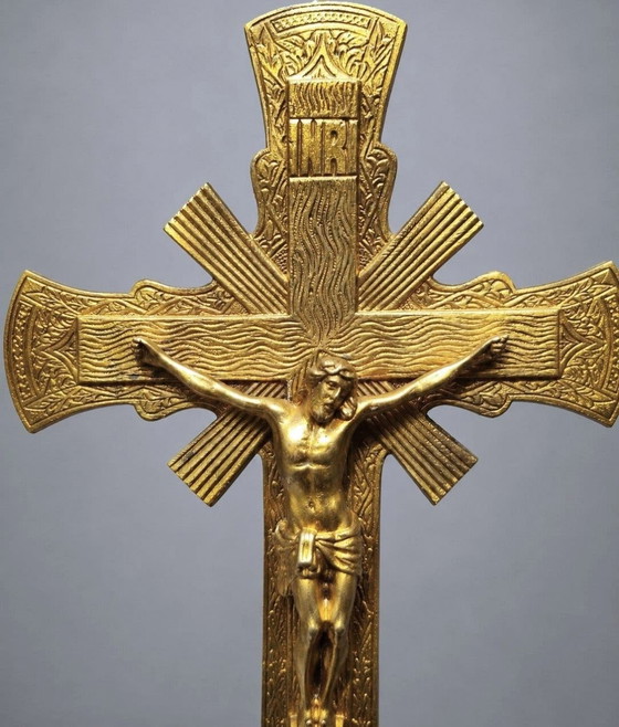 Bellissimo Crocifisso Art Déco Francese Antico - Ottone / Bronzo, Oggetti decorativi, Dorato (foto 3 di 6)