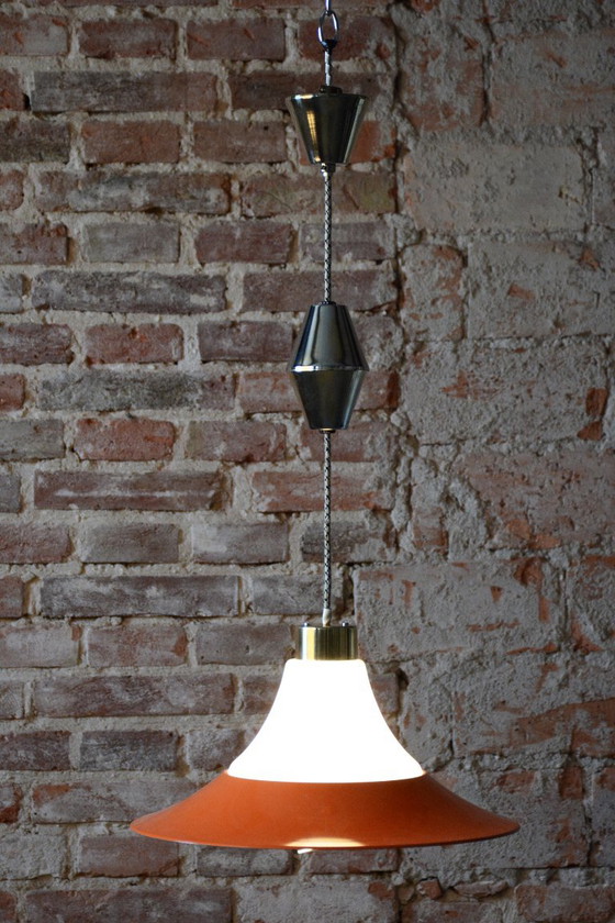 Restored Mid-Century Chandelier, Brass, Lacquered Steel, Czech, 1960s, Pendant lamps, Glass, Metal, Gold (photo 14 of 14)