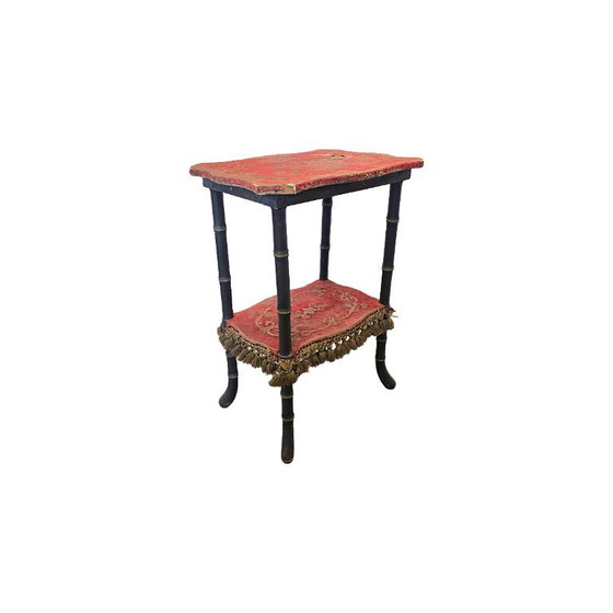 Antique Upholstered Side Table with Faux Bamboo Legs, 19th Century – Wood (photo 3 of 6)