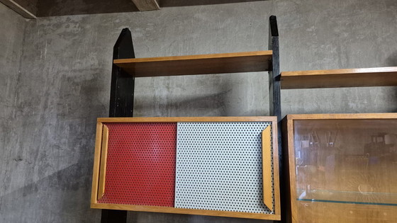 Image 1 of Vintage Czechoslovak Modular Wall Unit with Veneer Cabinets and Black Wooden Supports, 1960s–1970s
