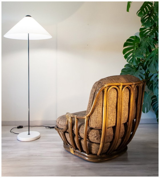 Image 1 of Chauffeuse Basse Année 80, Laine et Rotin, Pivotante