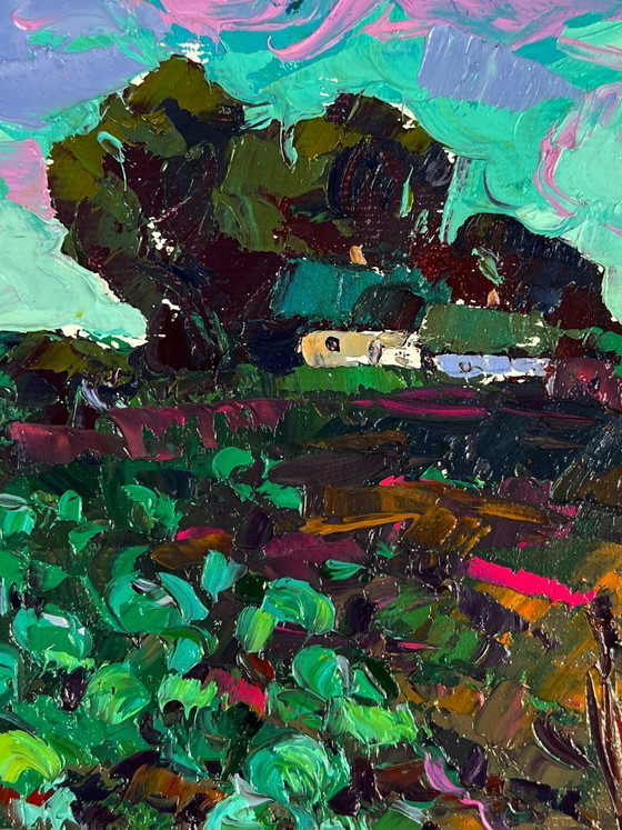Image 1 of Original Oil Painting Rural Landscape Vegetable Garden in Front of the House