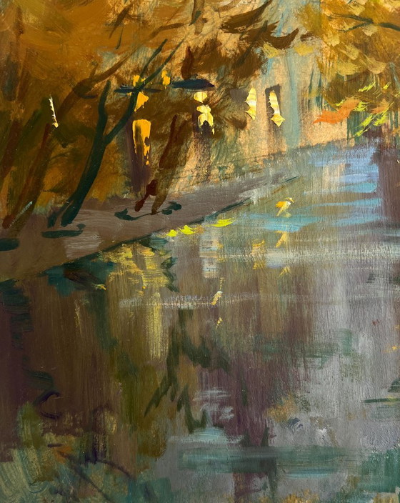 Image 1 of Original Oil Painting Autumn City Landscape The rustle of leaves underfoot