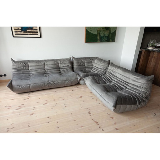 Togo vintage living room set in grey velvet by Michel Ducaroy for Ligne Roset, France 1970